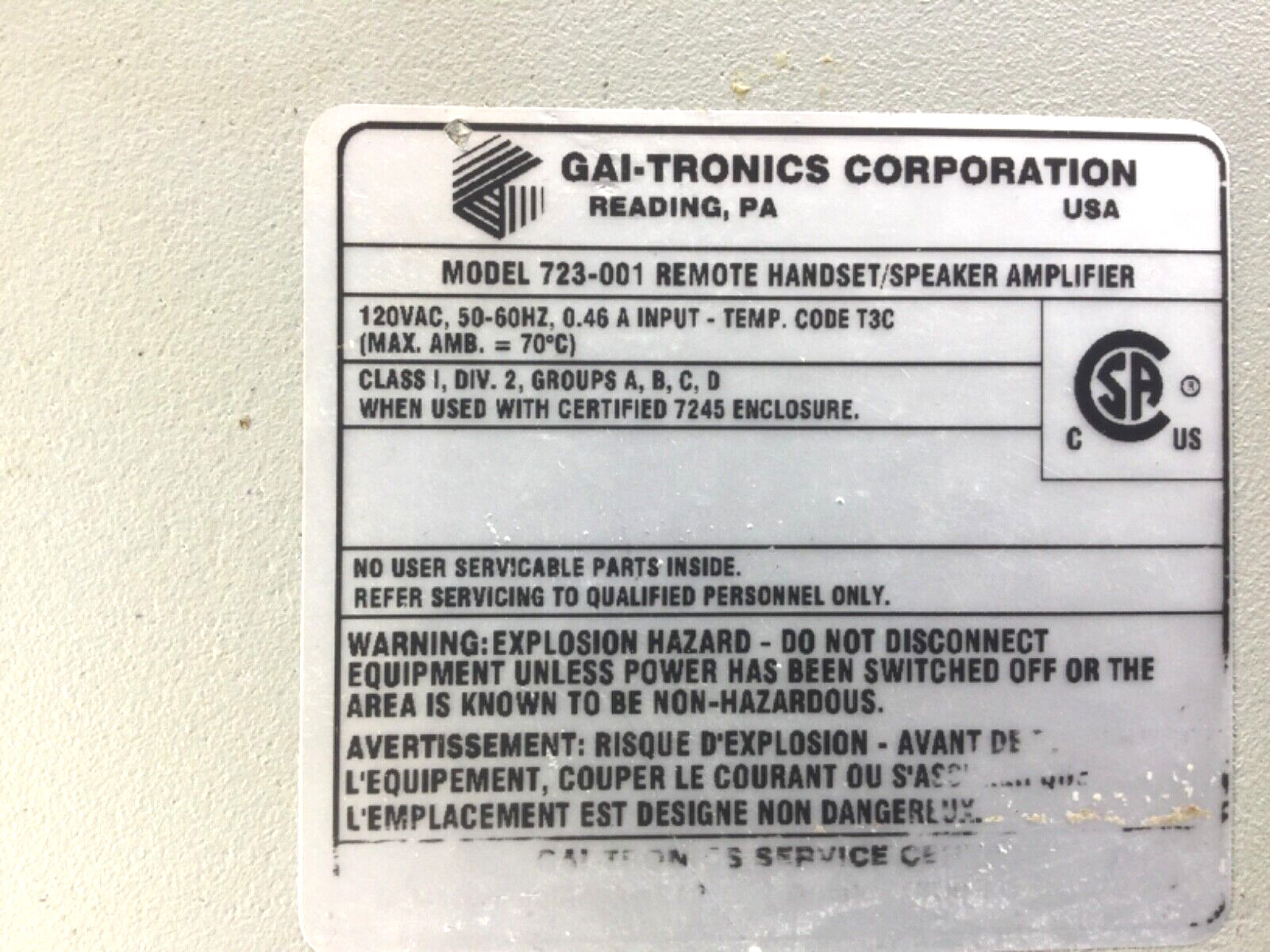 GAI-TRONICS 723-001 Remote Headset / Speaker Amplifier
