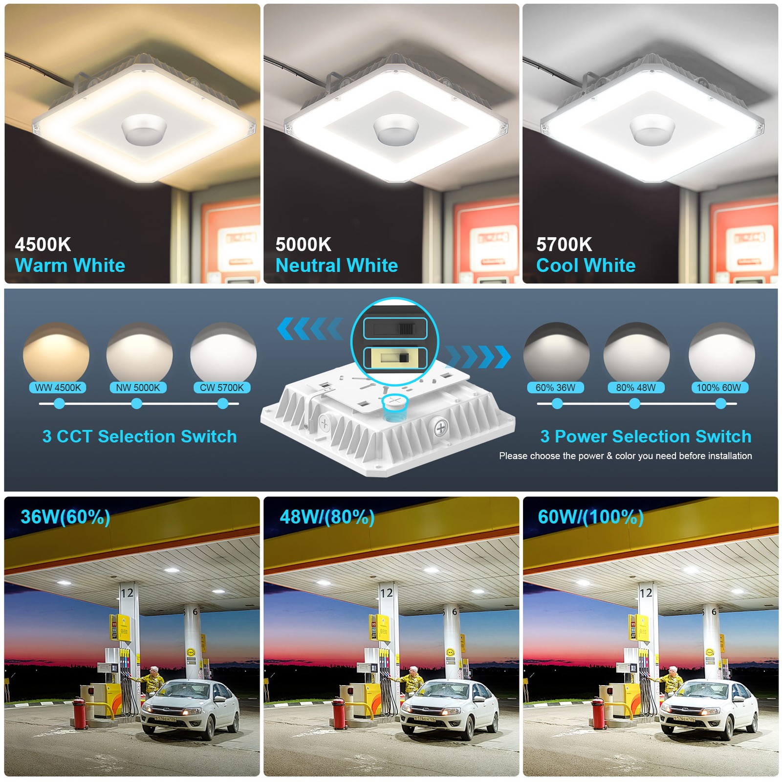 60W LED Canopy Light for Gas Station, Carport,Warehouse,Garage 4500K/5000K/5700K