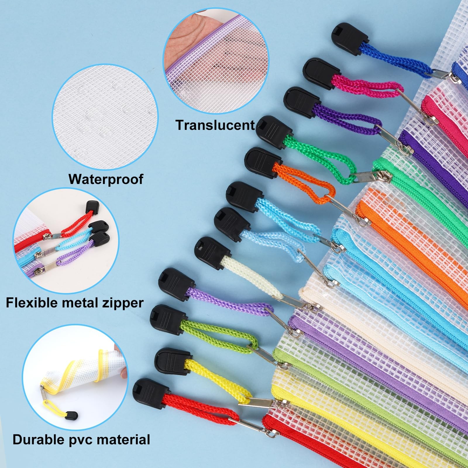 EOOUT 24pcs Mesh Zipper Pouch Bags A4 Document Bag, 13.5×9 Inches, Multicolor