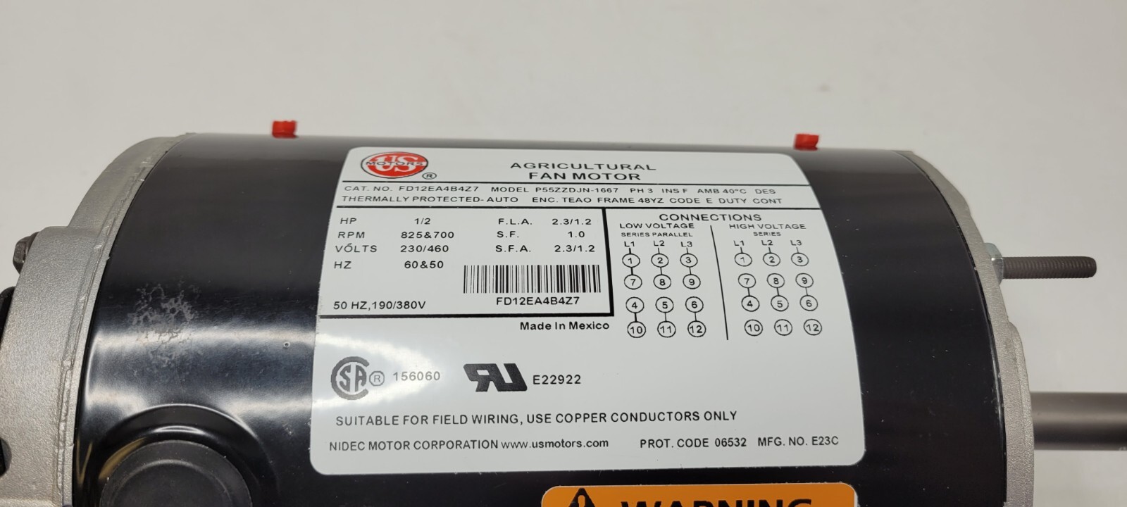 US MOTORS NIDEC FD12EA4B4Z7 Polyphase Direct Drive Fan Motor 1/2 HP 825 RPM