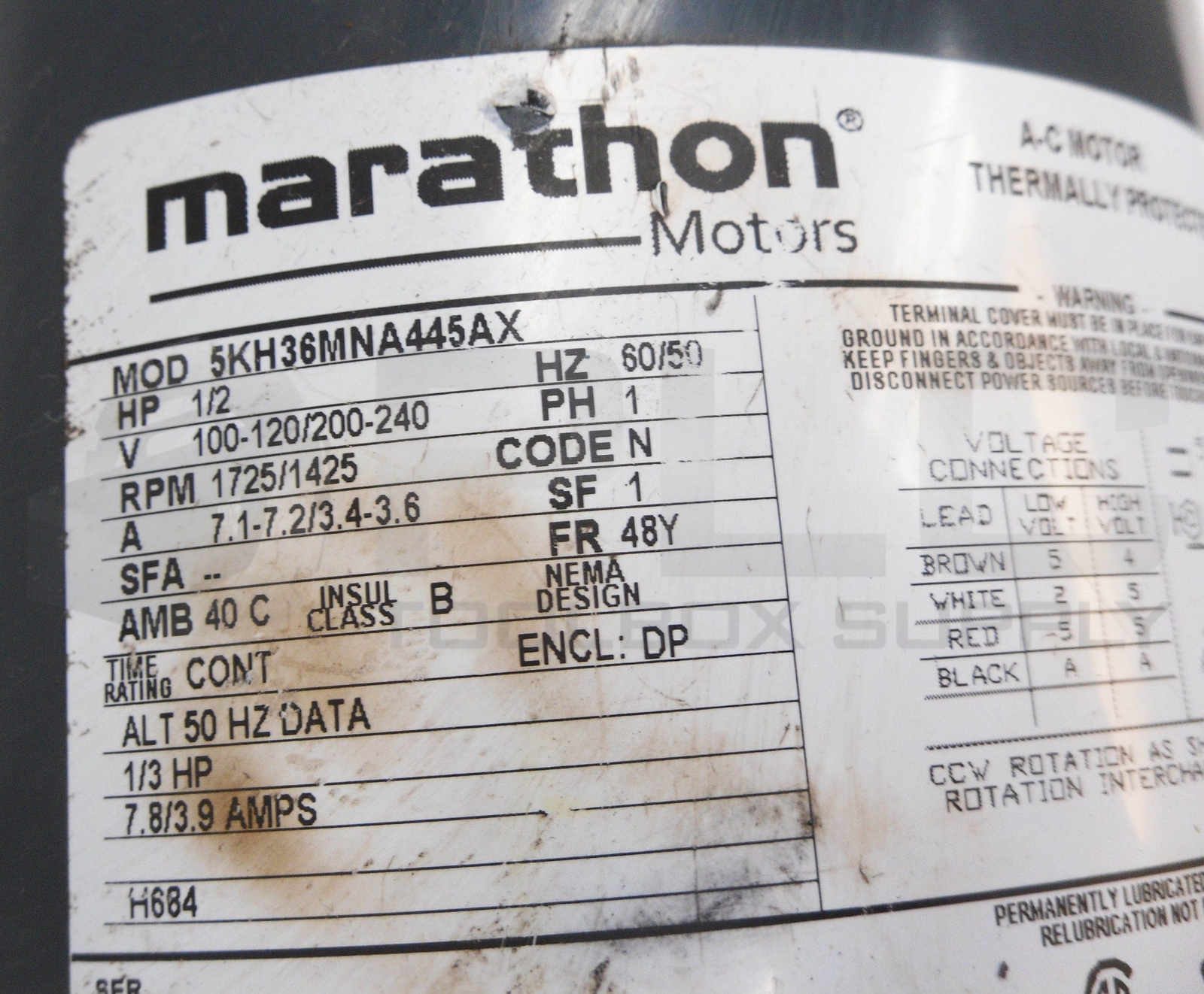 MARATHON 5KH36MNA445AX AC MOTOR 1/2HP 1725/1425RPM FR:48Y