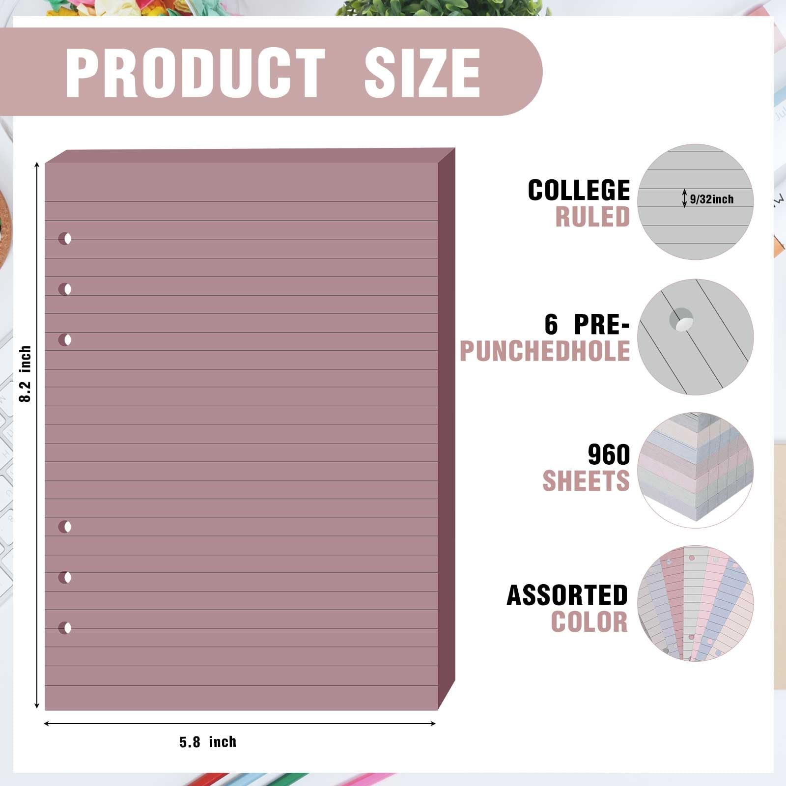 PerKoop 8 Pack Lined Refill Paper A5 Colored 6 Ring Binder Planner Inserts 6 Hol