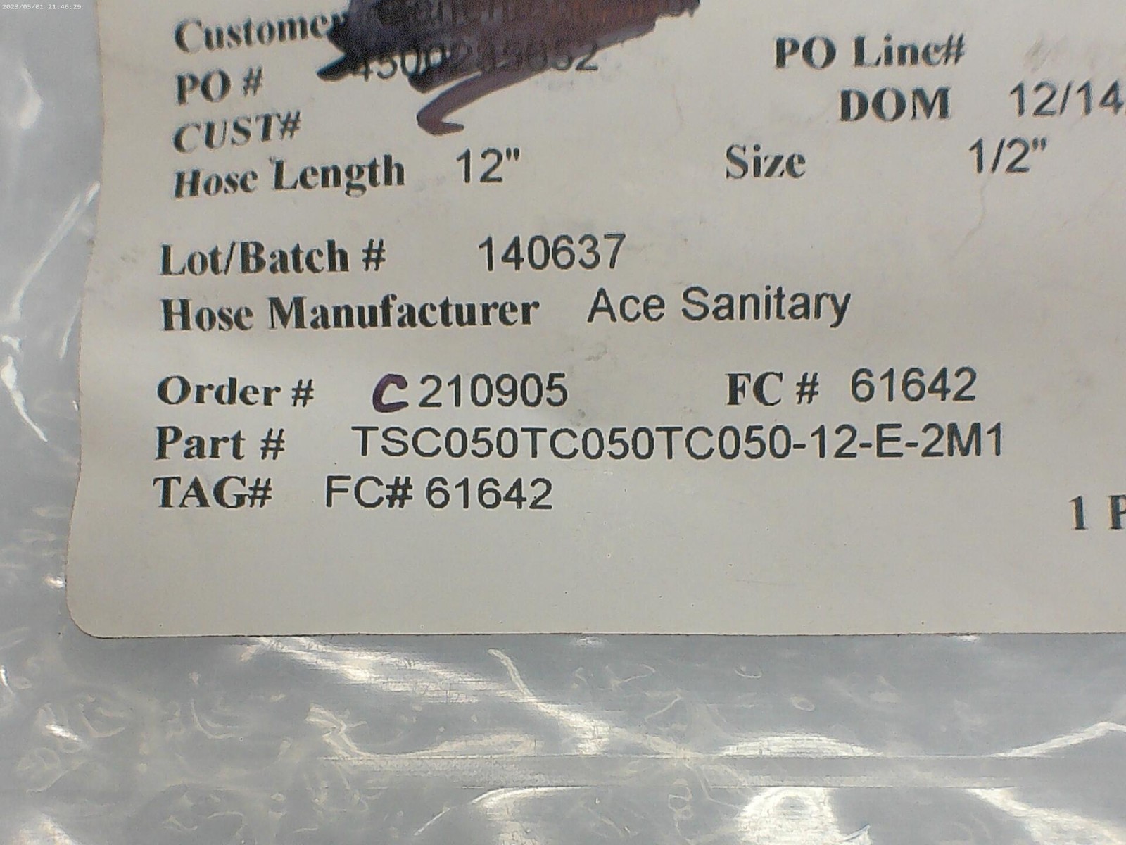 ACE SANITARY TSC050TC050TC050-12-E-2M1 HOSE NSNP