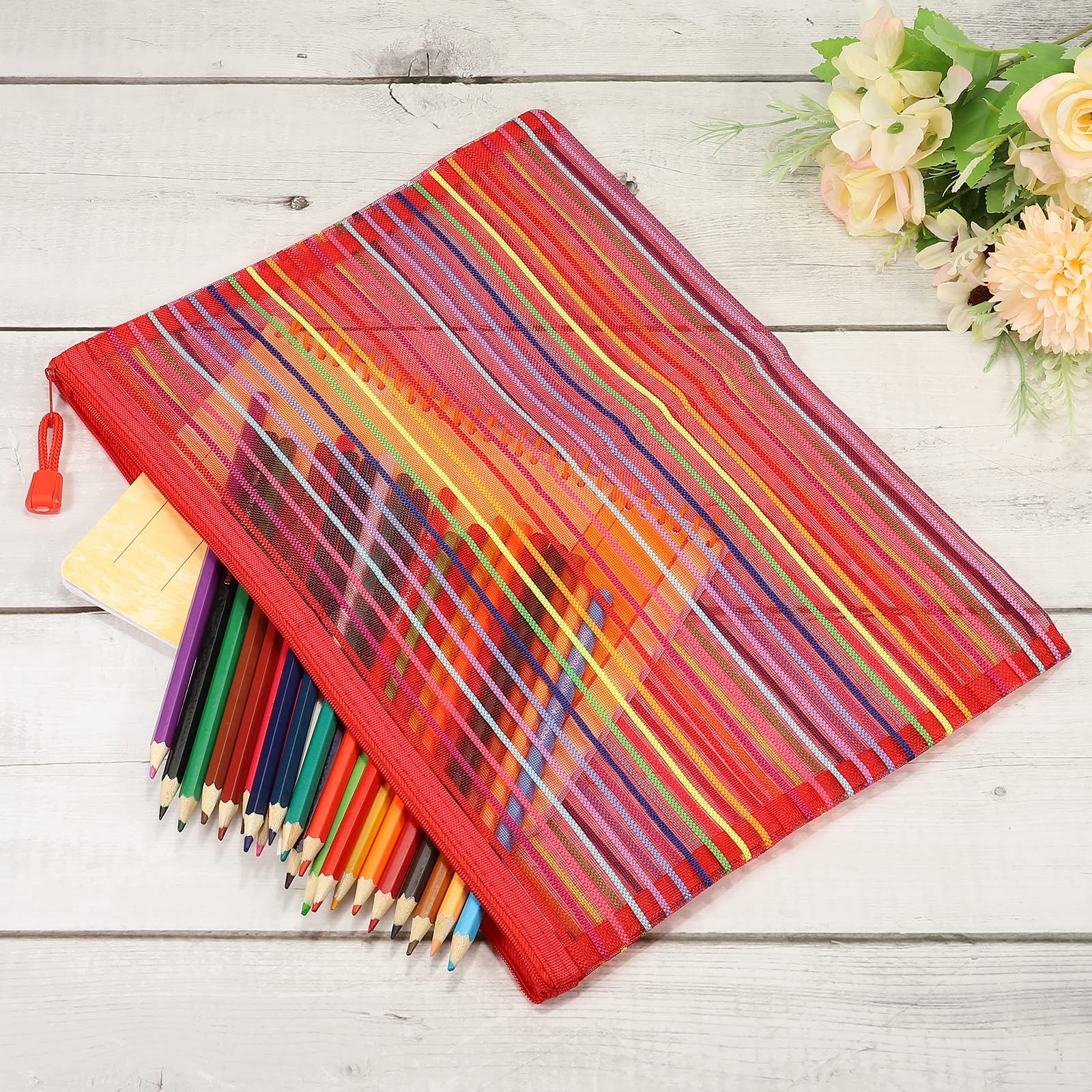 MECCANIXITY Mesh Zipper Pouches, A4 Colorful Pencil Case Document File Red