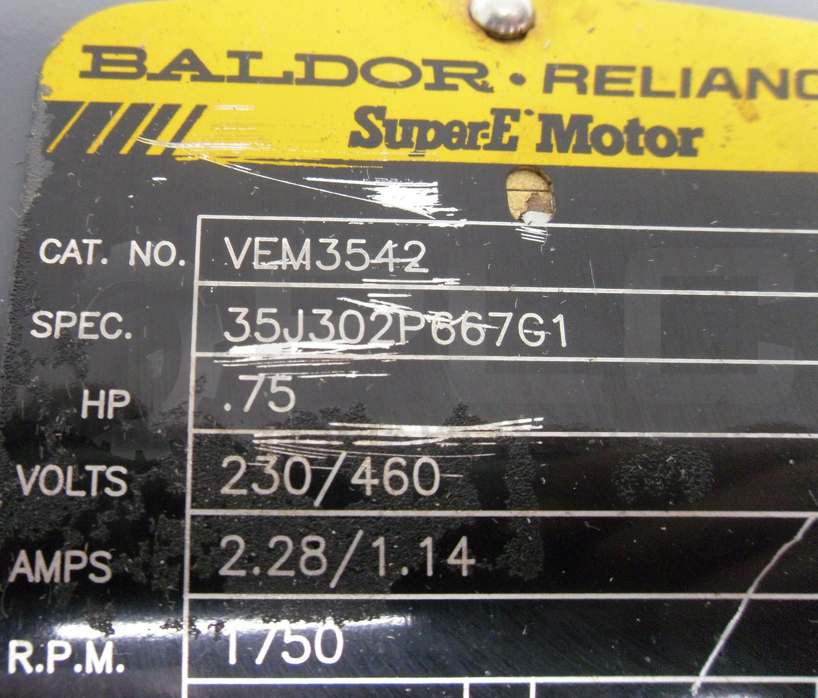 REFURBISHED BALDOR VEM3542 SUPER E MOTOR SPEC 35J302P667G1 HP .75 230/460V