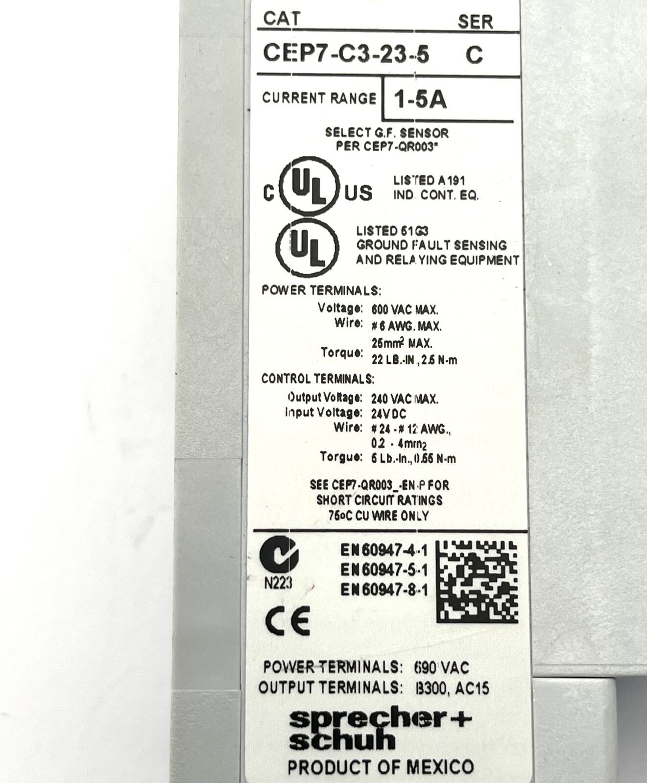 Sprecher+Schuh CEP7-C3-23-5 Solid State Overload Relay Motor Protection 1-5 Amps