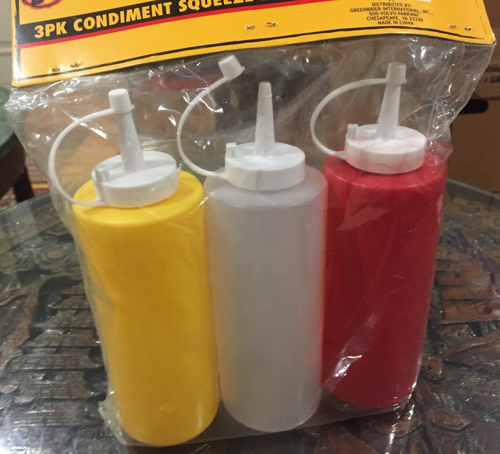 new sealed Condiment Squeeze Bottles | Set of 3 Clear, Yellow, and Red