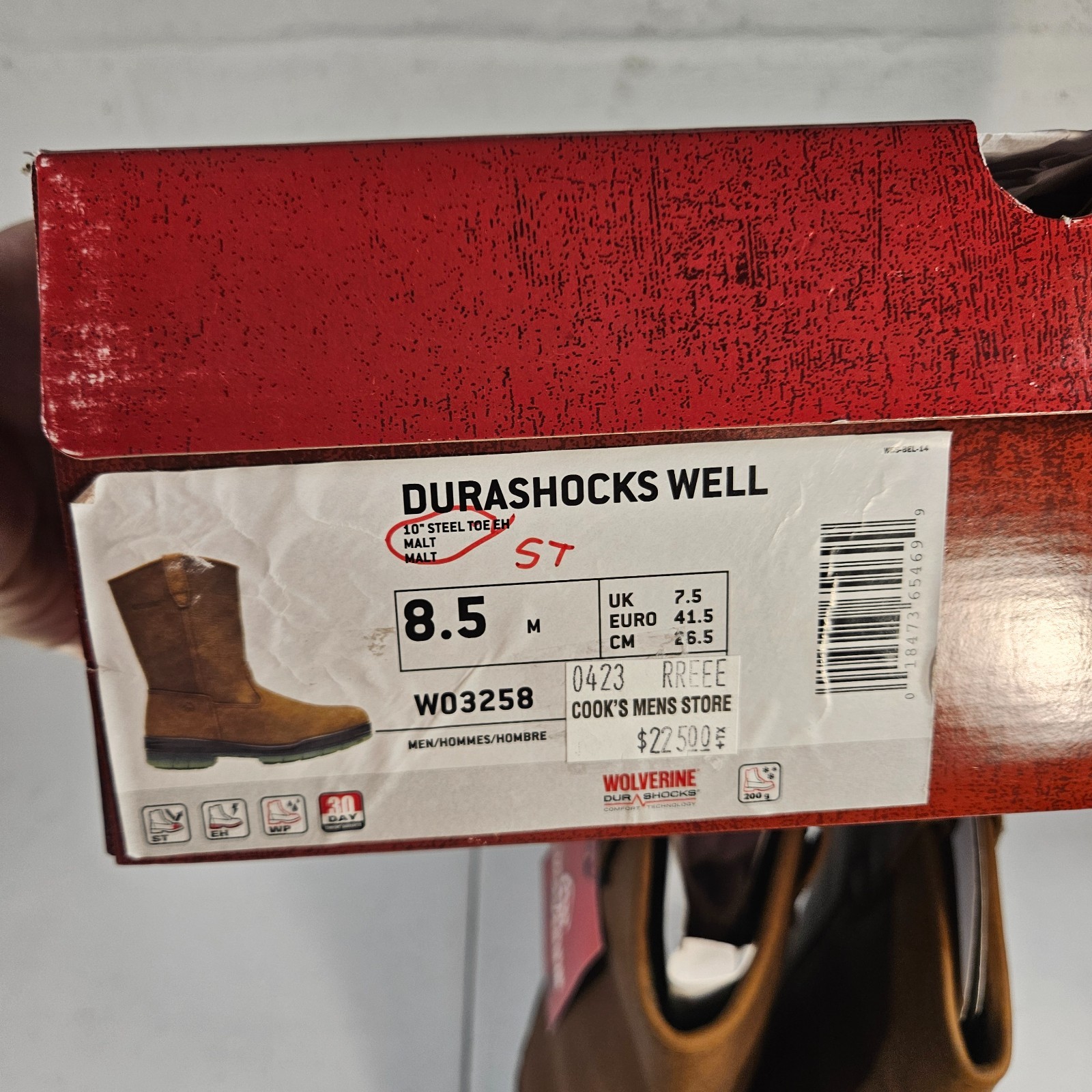 Wolverine Men’s Steel Toe W03258 DuraShocks Wellington Stone 8.5 M New
