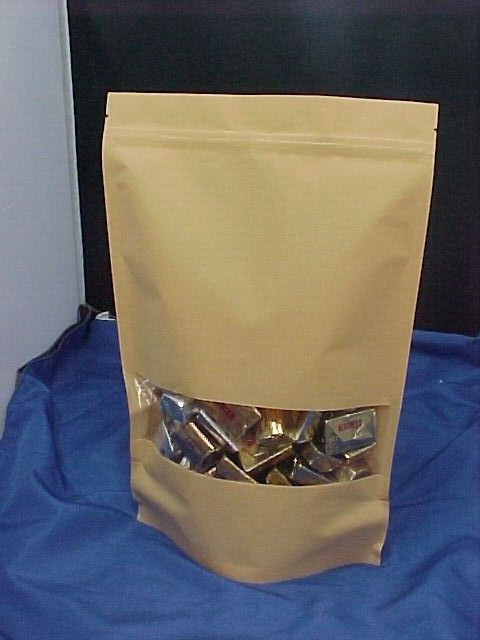 lot of 100 KRAFT clear WINDOW BAGS POUCHES RESEALABLE stand up 7.9″ x 11.8″