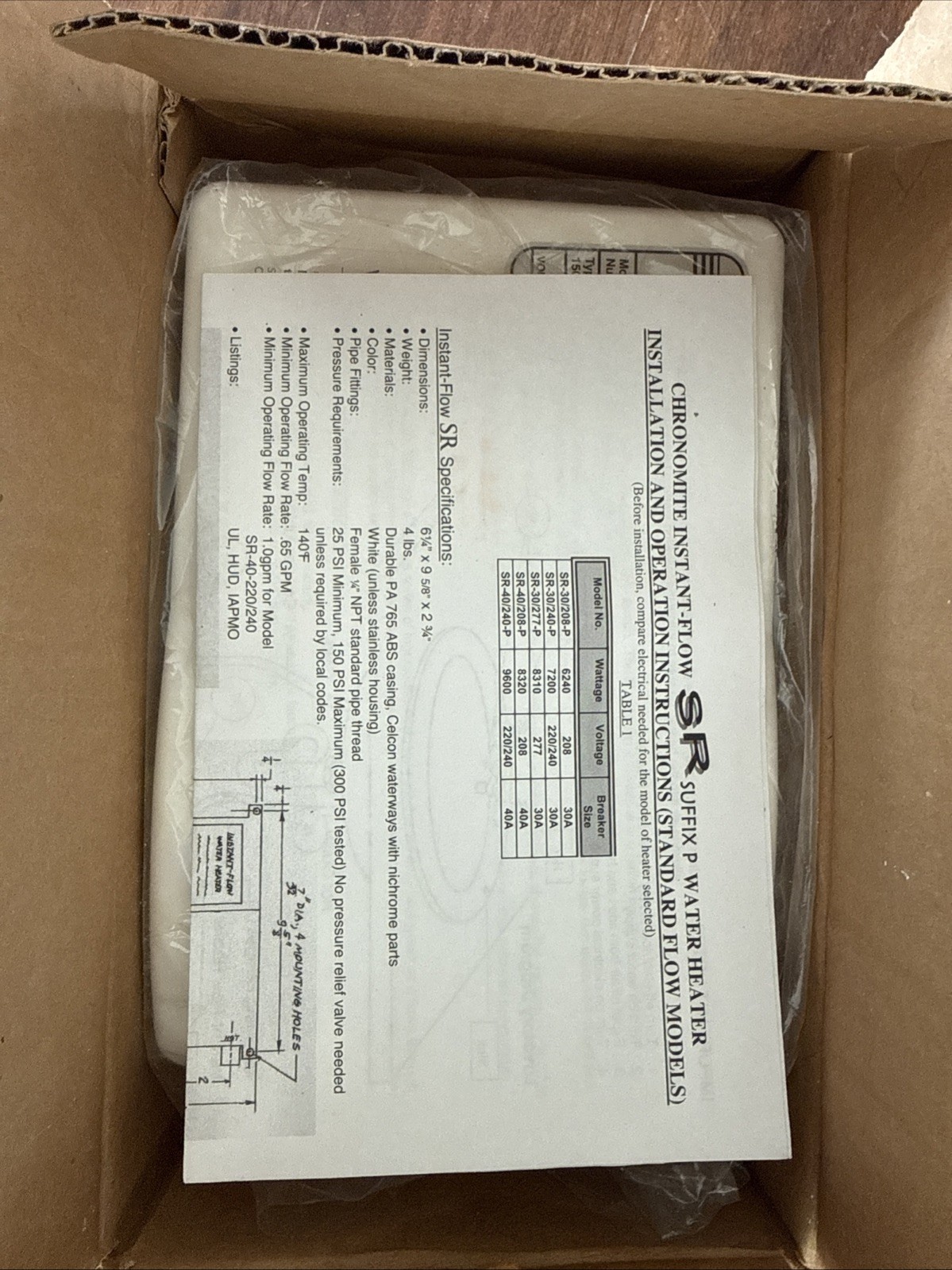 Chronomite SR-40/240-P Tankless Electric Water Heater 9600W