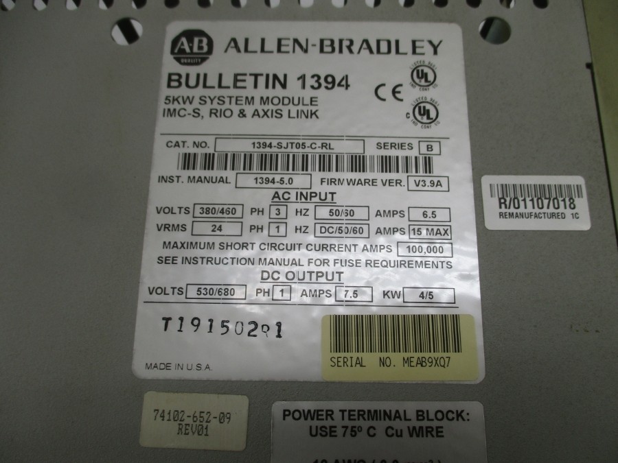 INDUSTRIAL SPARE PART 1394-SJT05-C-RL SER. B F/W V3.9A 380/460V 6.5A (AS