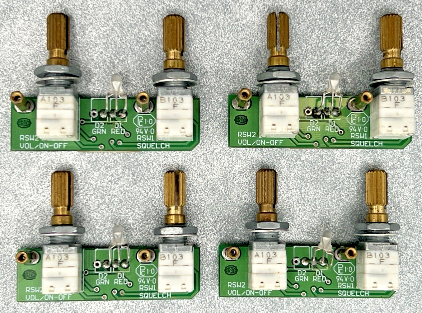 (4) PC 1-0 VOL / ON-OFF SQUELCH 121E403B CIRCUIT BOARD GREEN/RED LED 94V-0
