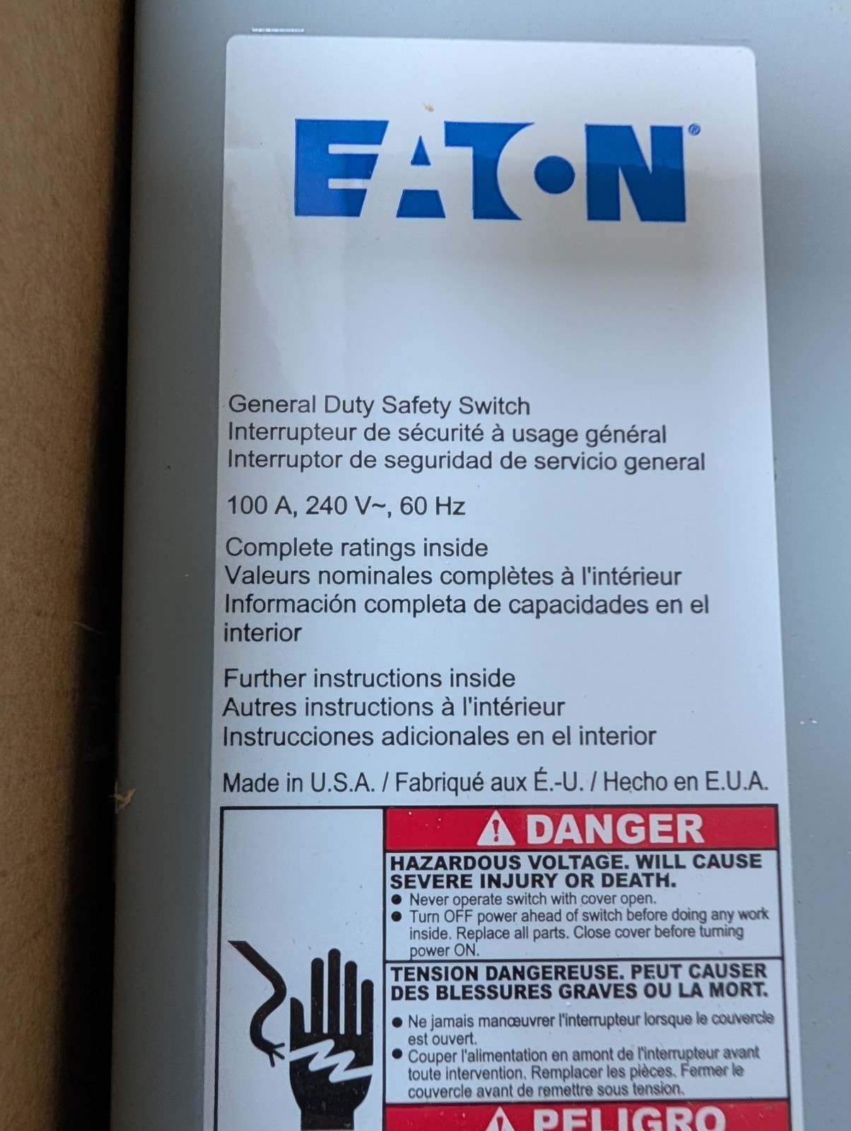 🤪 NEW EATON 100 AMP NON FUSED SAFETY SWITCH 240 VAC 3Ø 30 HP DG323UGB