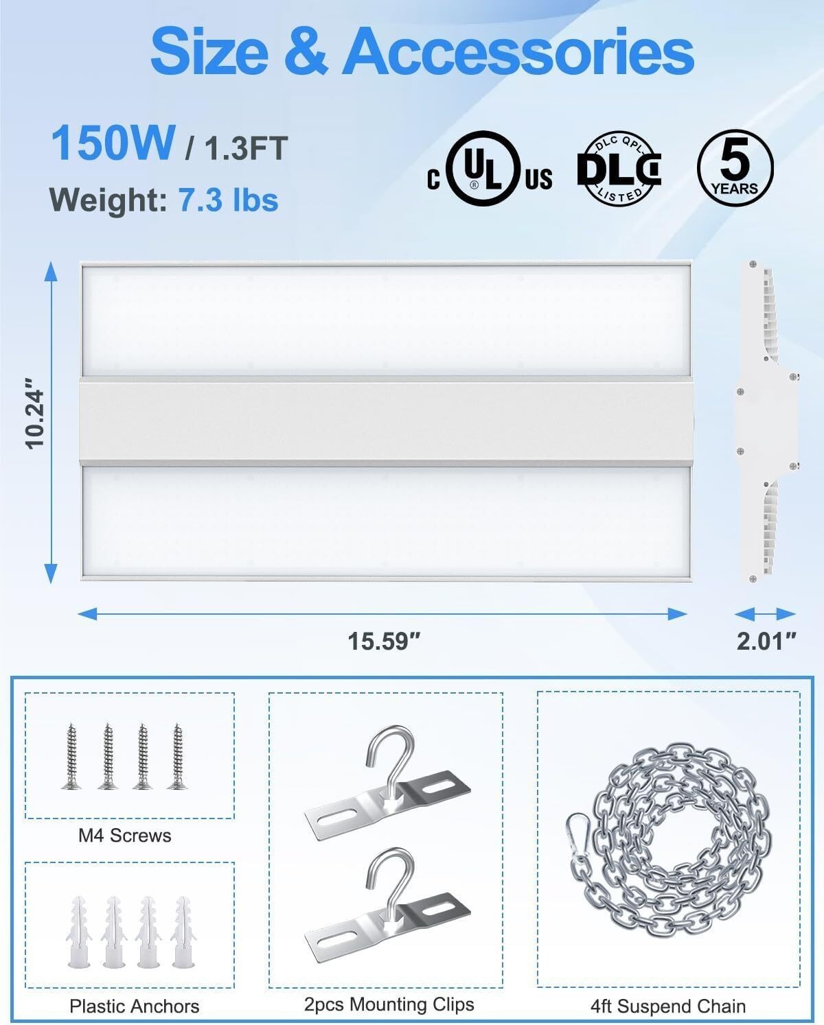LED Linear High Bay Shop Light 4.5/5/5.7K 100-277 VAC Hanging Lamp 150W/120W/90W
