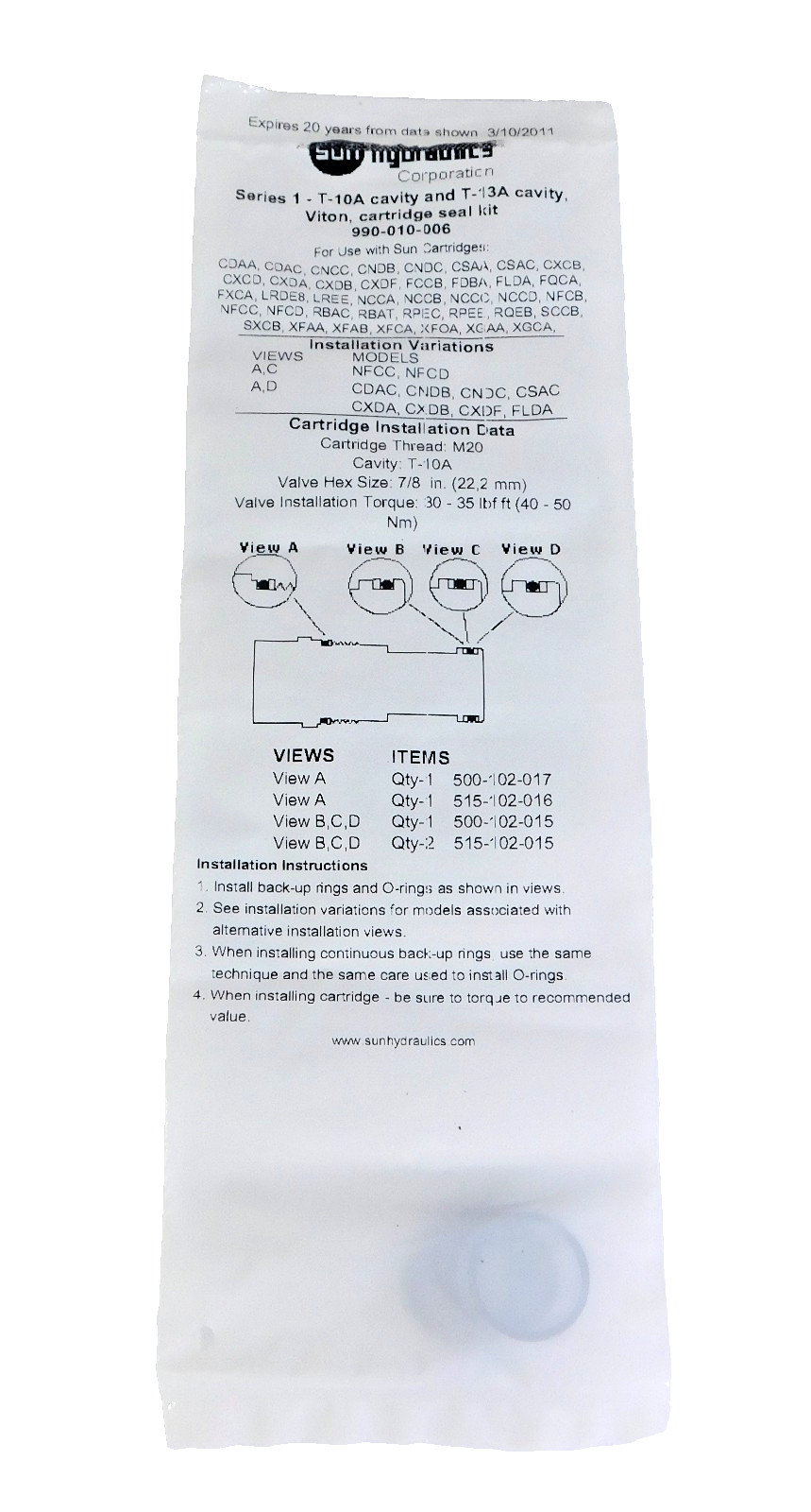 Genuine Sun Hydraulics Series 1-T-10A & T-13A Cavity Viton Seal Kit 990-010-006