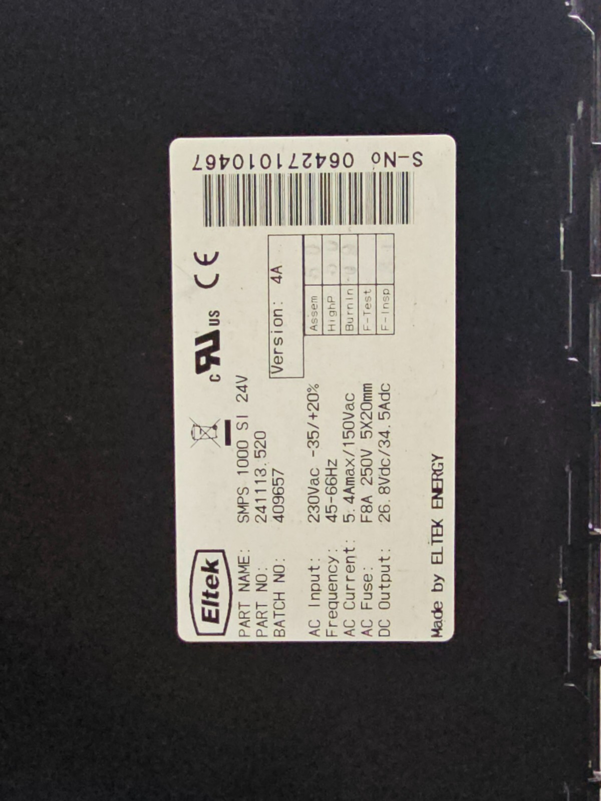 ELTEK ENERGY SMPS 1000 SI 230Vac/24Vdc