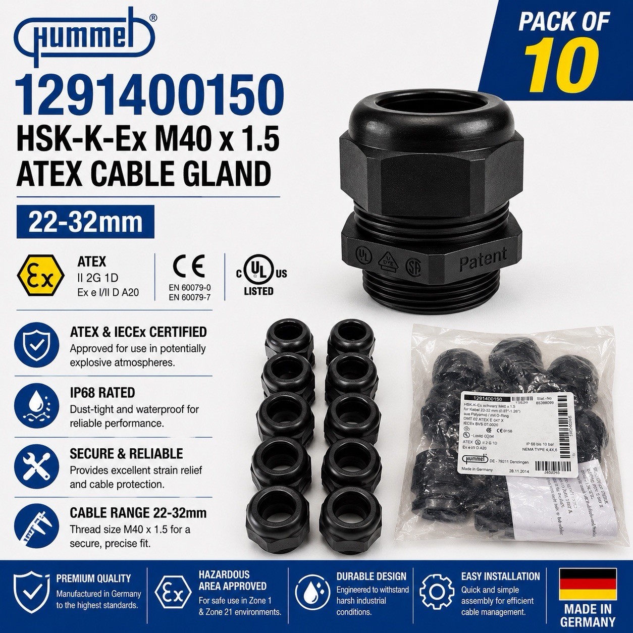 Hummel 1291400150 HSK-K-Ex M40 x 1.5 ATEX Cable Gland Black 22-32mm – Pack of 10