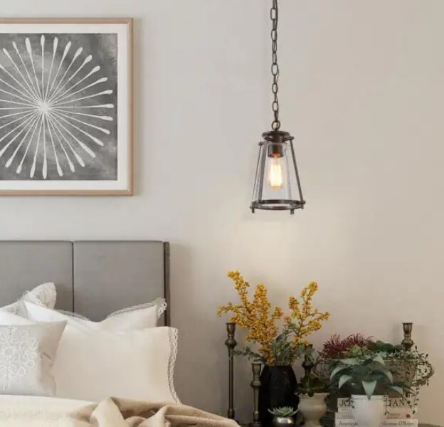 LNC Asaf 1-Light Oil-Rubbed Bronze Mini Lantern Pendant Light with Seeded Glass