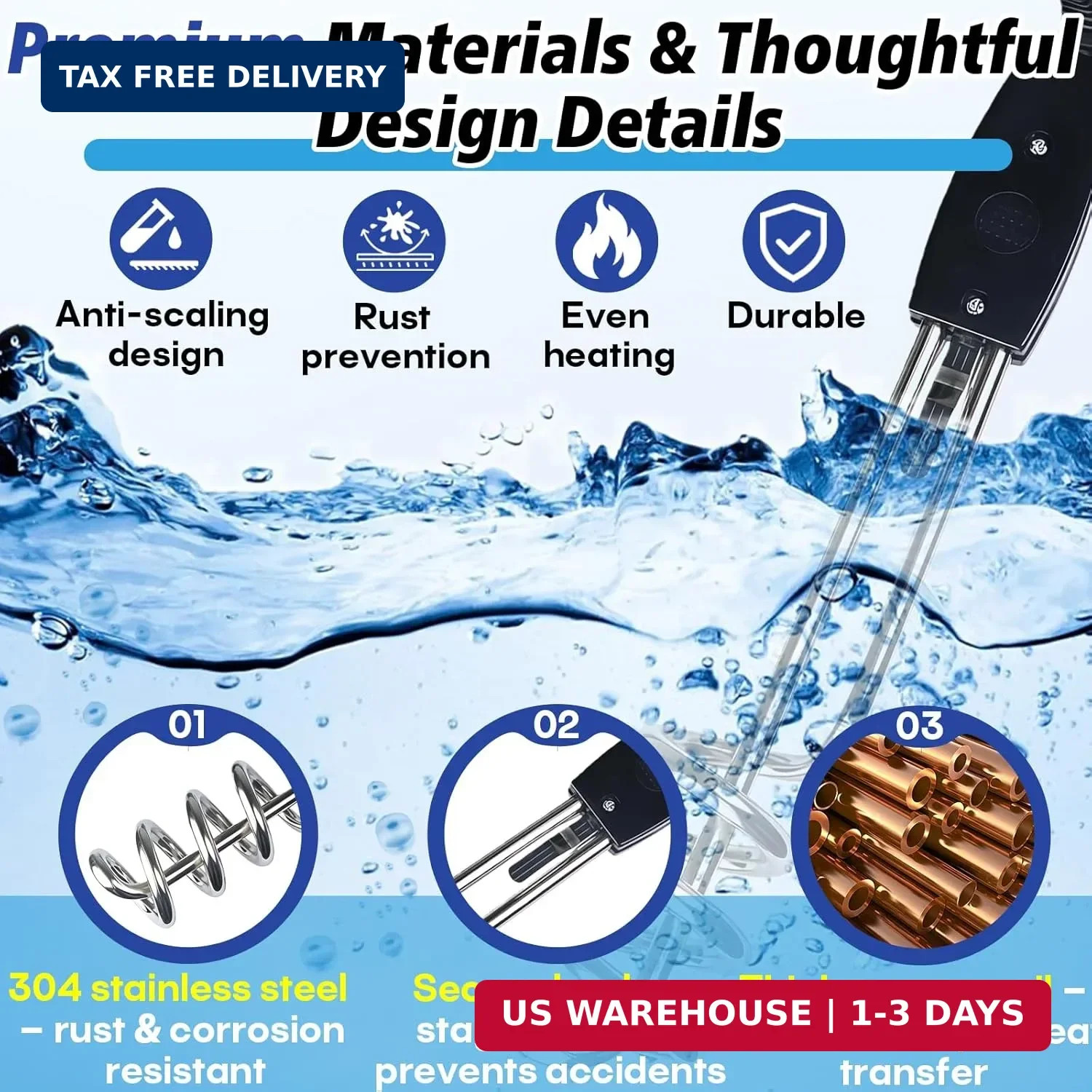 2 Pack 1000W Immersion Water Heater – 110V 10 Inch Submersible Heating Coil for