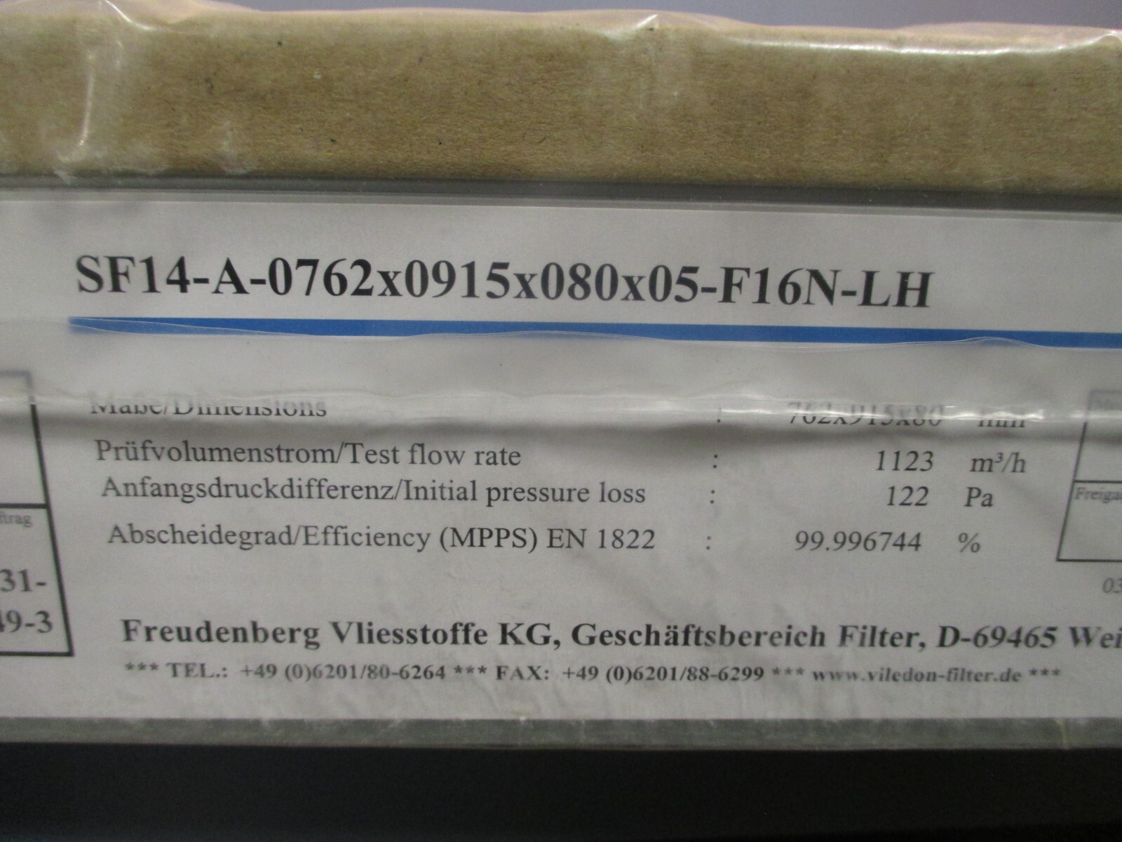 FREUDENBERG 53379635 HEPA/ULPA Filter Panel SF14-A-0610X0762X080X05-F16N-LH