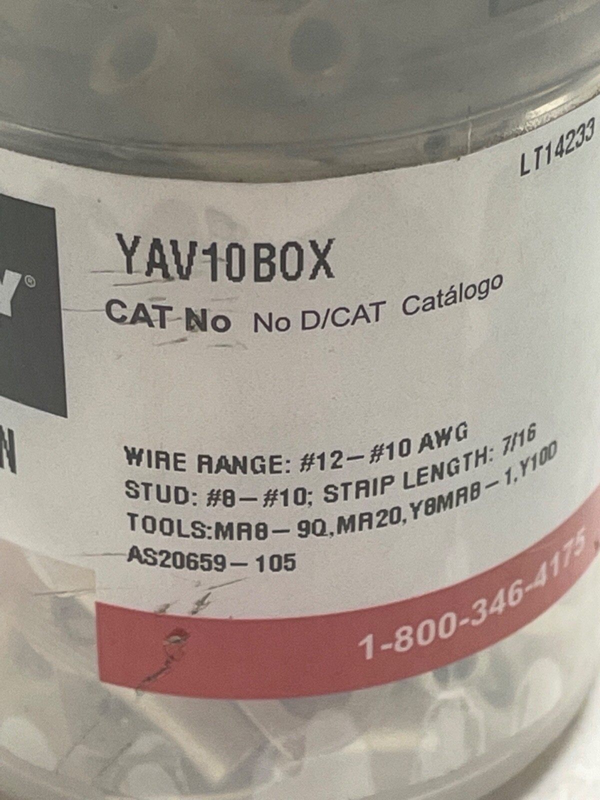 Container of 100 Burndy RING-12-10AWG-UNIN YAV10BOX