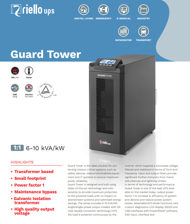 Riello Guard Tower 10kVA / 10kW 208/240V Hardwired In/Out Online Tower UPS