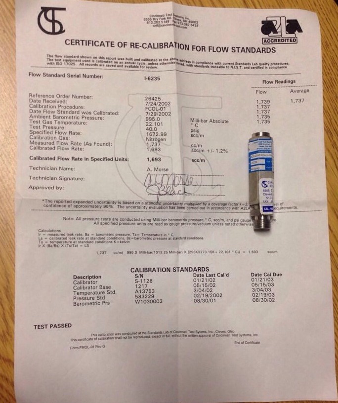 Cincinnati Test Systems 420-2048.00scc/m-40.0psig-21, EX0I6235, I-6235, #1645P4
