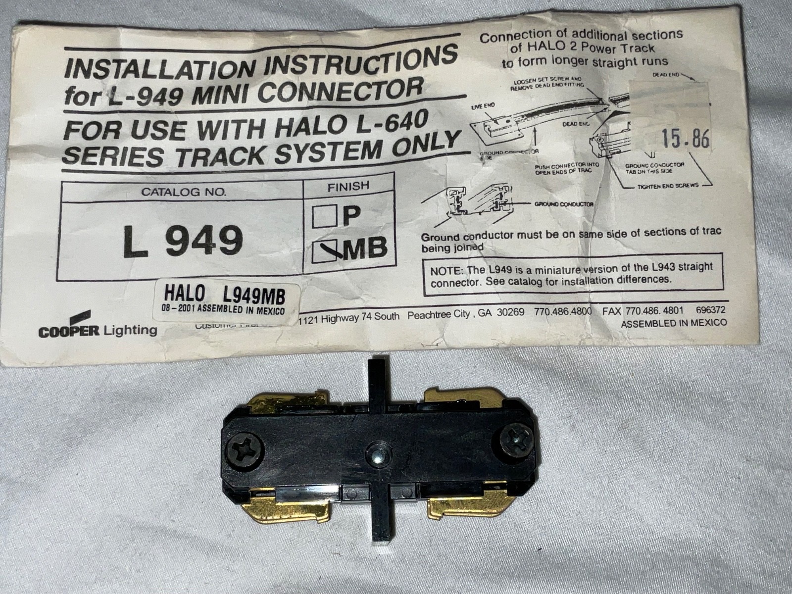 Halo L949MB Matte Black 2-Circuit Mini Joiner For L640 Miniature 2 Circuit Track