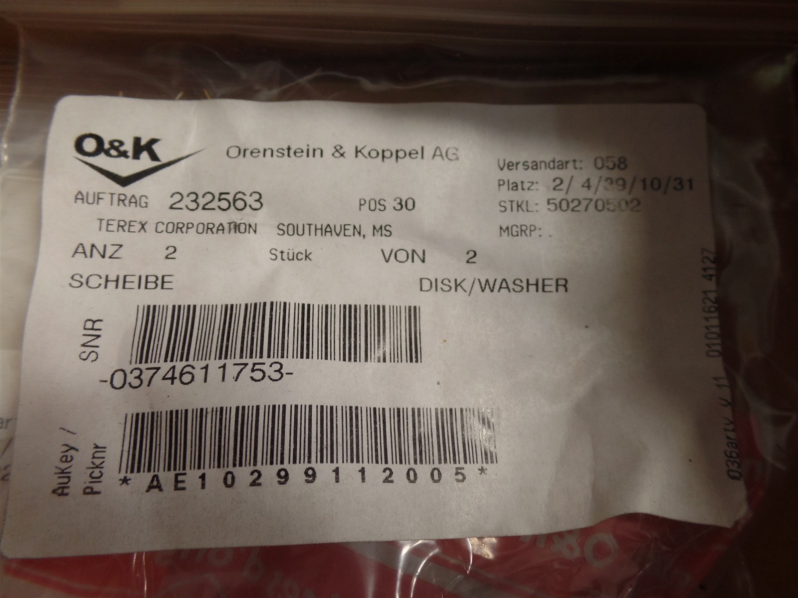 GENUINE TROJAN O&K PARTS 10-461183300 WASHER KIT, TEREX 10461183300, NIB, N.O.S