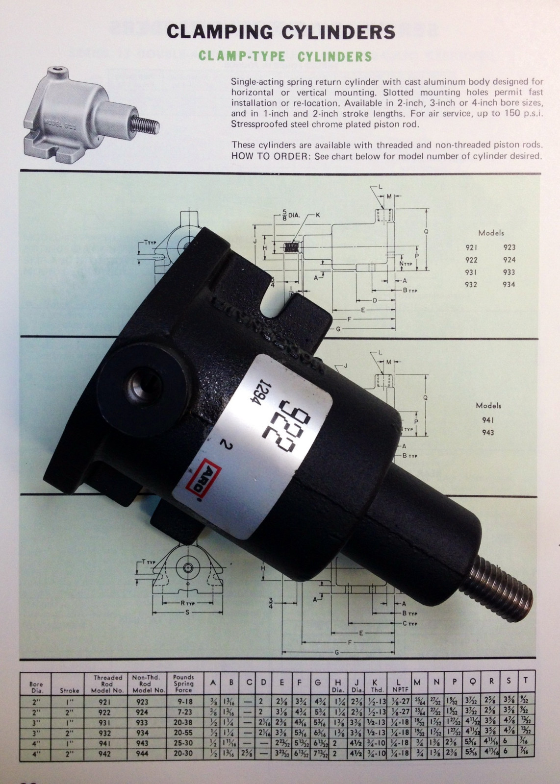 New ARO 922 Clamp Cylinder – 2″ X 2″ Spring Return; FREE Expedited Shipping!