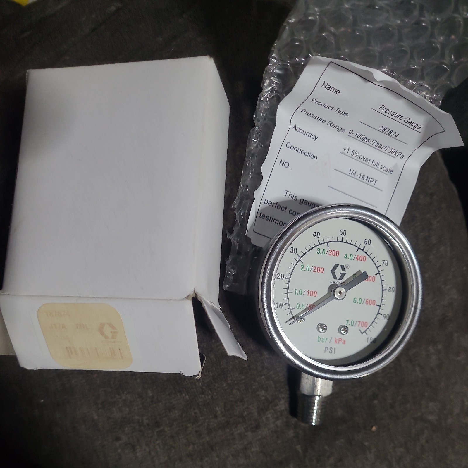 Graco 187874 Pressure Gauge 0-100 psi / 7 bar / 700kPa 1/4-18 NPT NEW