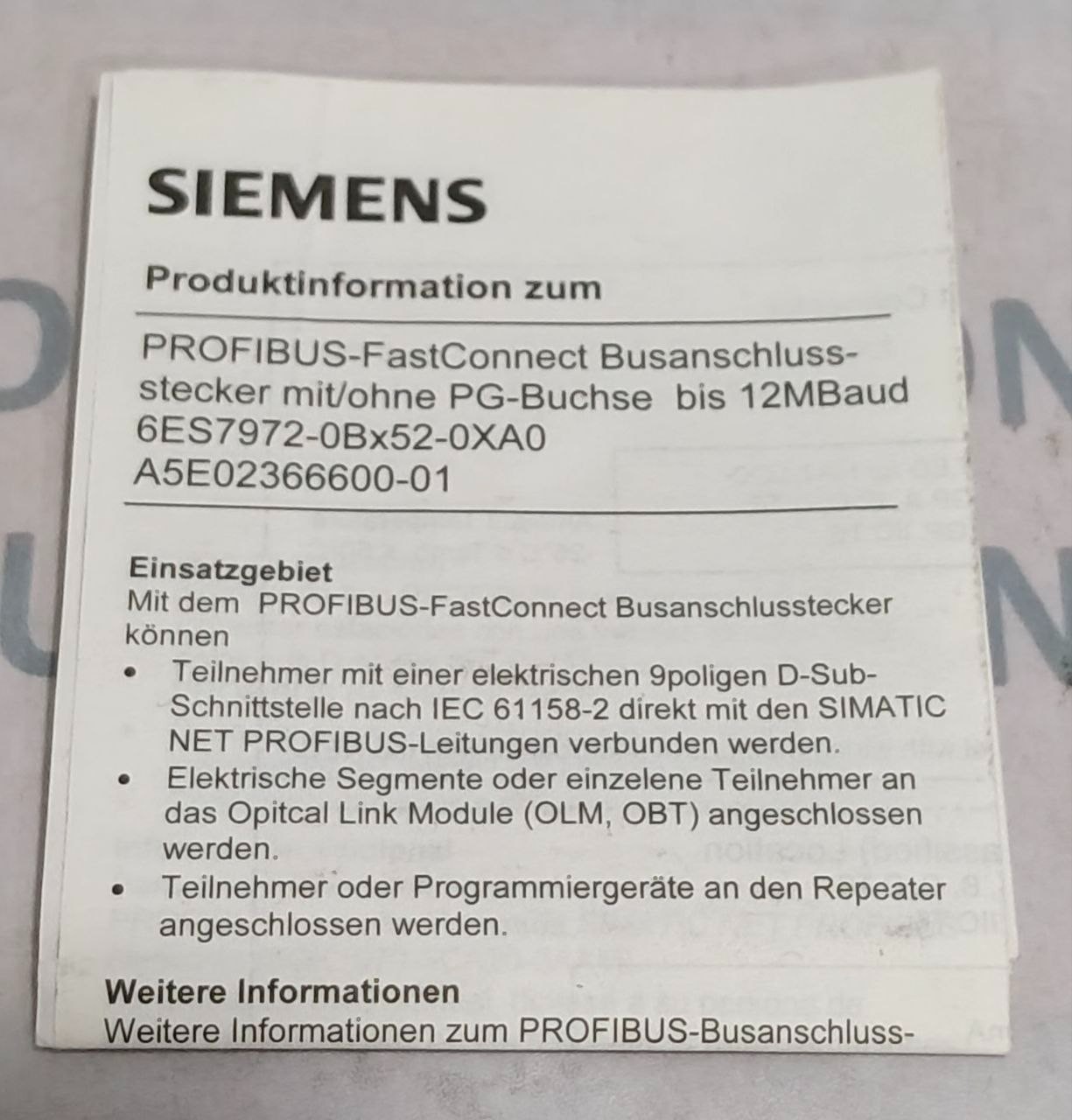 Siemens 6ES7 972-0BA52-0XA0 Simatic Busconnector S C-X6UA5306