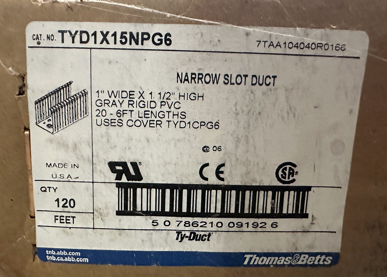 120 Feet Thomas & Betts TYD1X15NPG6 Wiring Ducts Full Case
