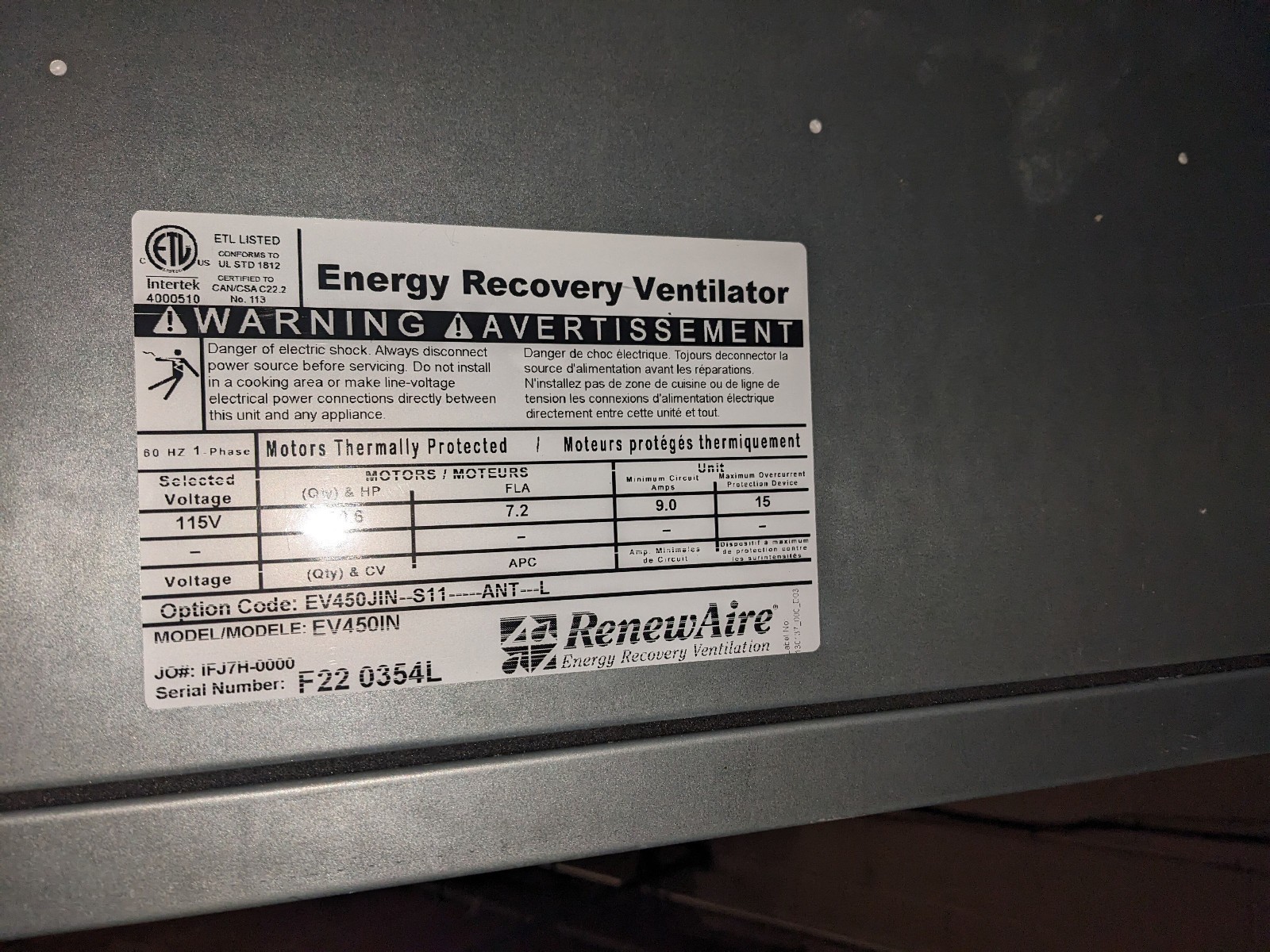 RenewAire EV450 Energy Recovery Ventilator