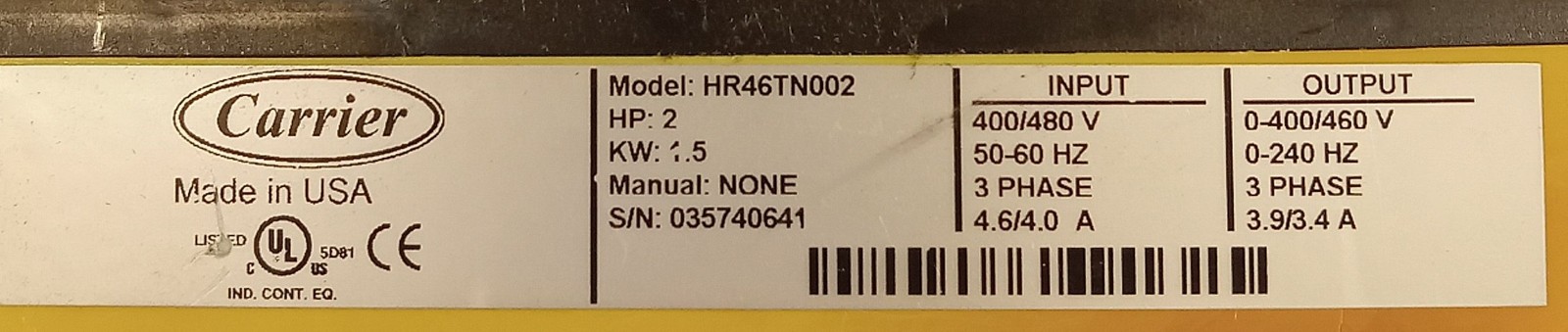 1 USED CARRIER HR46TN002 MOTORMASTER V 3-PHASE 2HP DRIVE ***MAKE OFFER***
