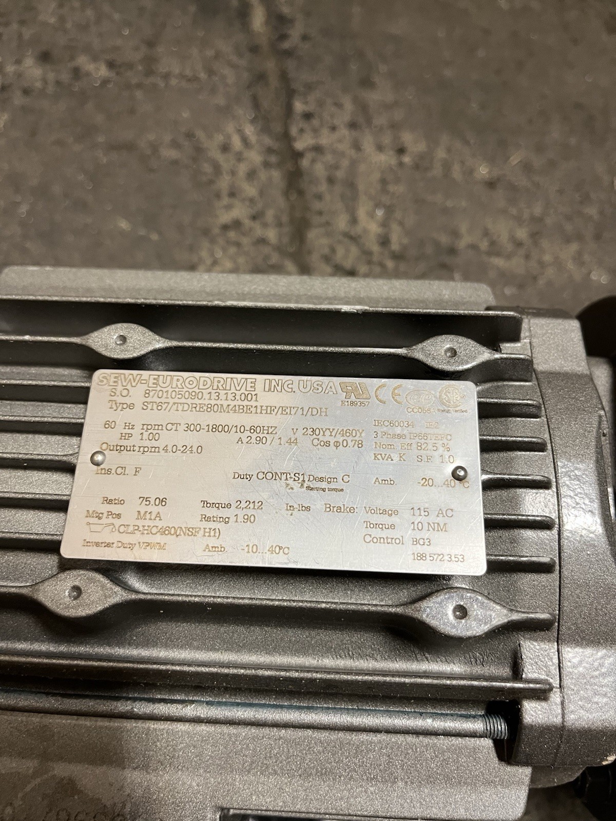 SEW Eurodrive ST67 TDRE80M4BE1HF/E171/DH RPM 4.0-24.0 1 HP 60 Hz 230/460V