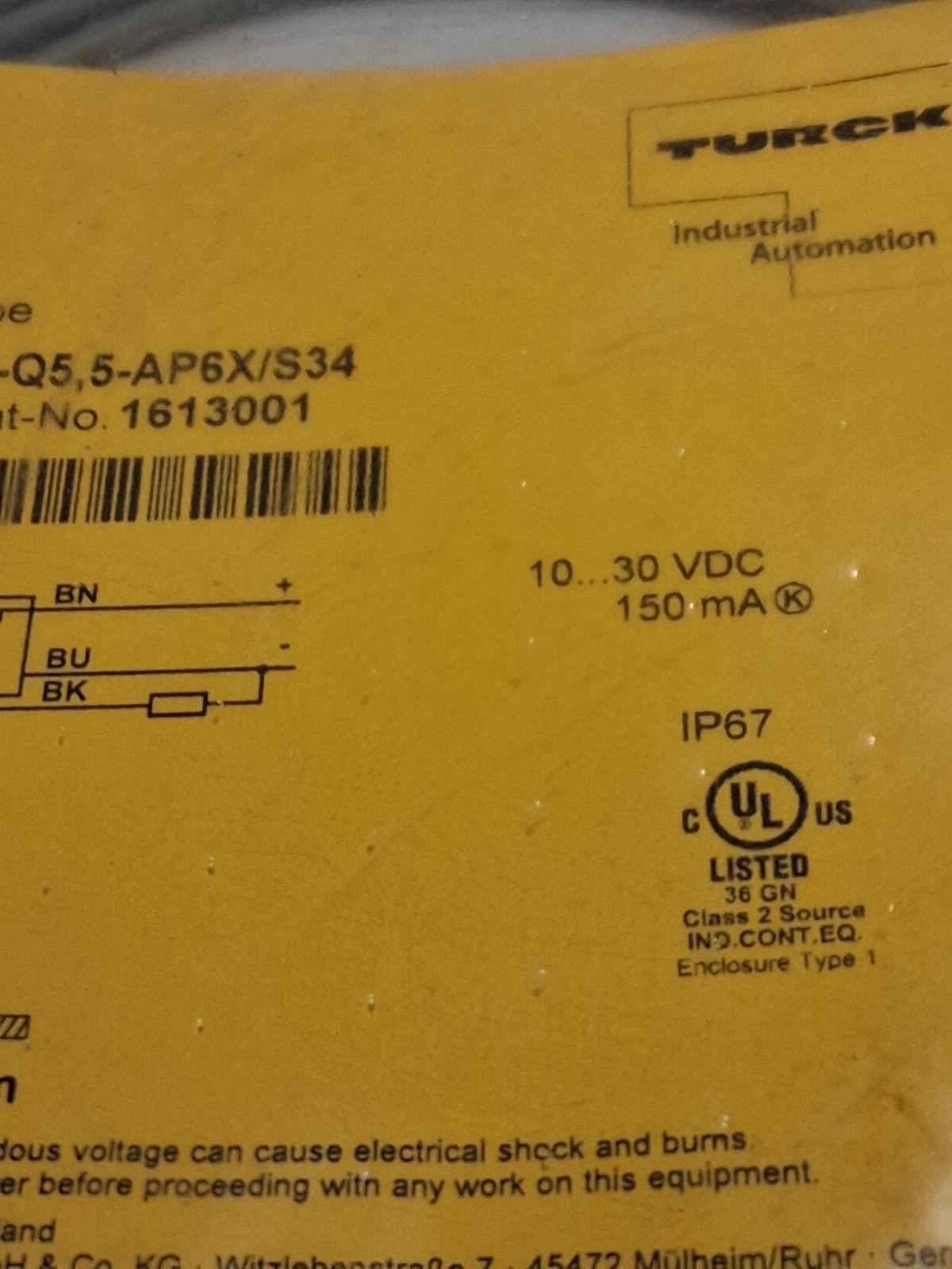 TURCK BI2-Q5,5-AP6X/S34 SENSOR 10-30VDC 150MA SN:2MM (1613001) NIB