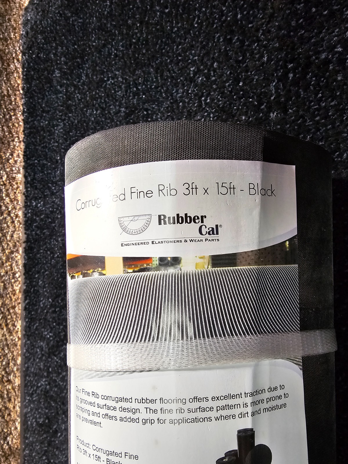 Rubber-Cal 03-167-W-FR-15, 3′ X 15′ Fine Rib Corrugated Rubber Floor Mat Black