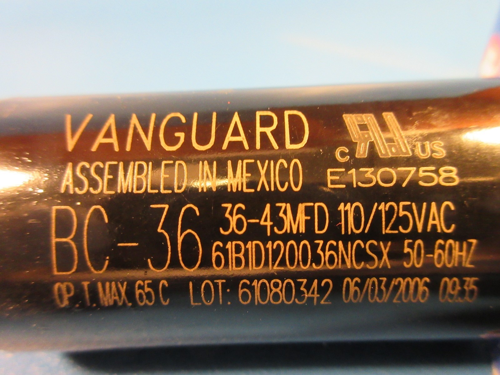 Vanguard HVAC BC-36, 36-43 MFD Motor Start Capacitor 110/125 VAC (Packard, MARS)
