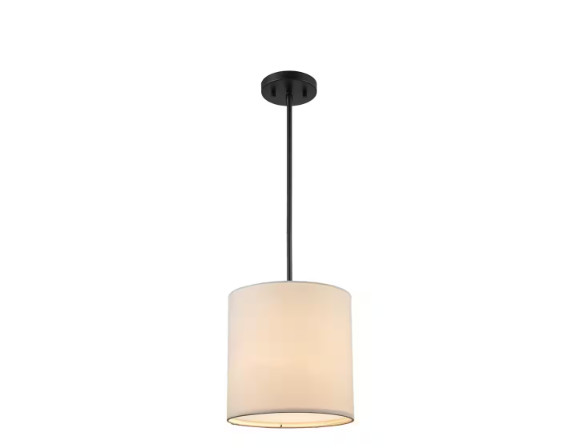 Monteaux 10 in. 1-Light Black Drum Pendant Light Fixture with Linen Shade