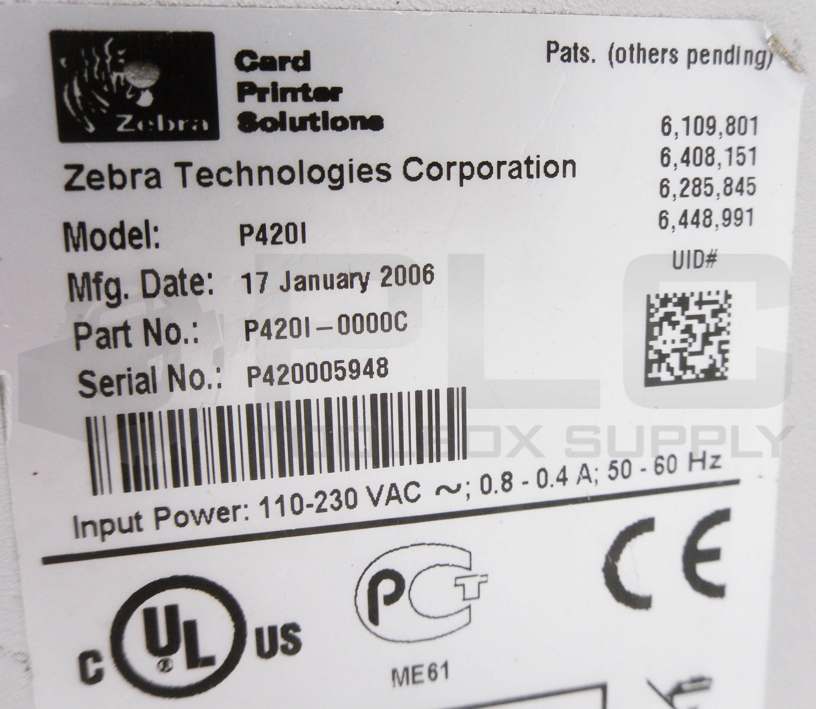 ZEBRA P420I-0000C CARD PRINTER 110-230VAC 0.8-0.4A 50-60HZ P420I *POWERS ON*