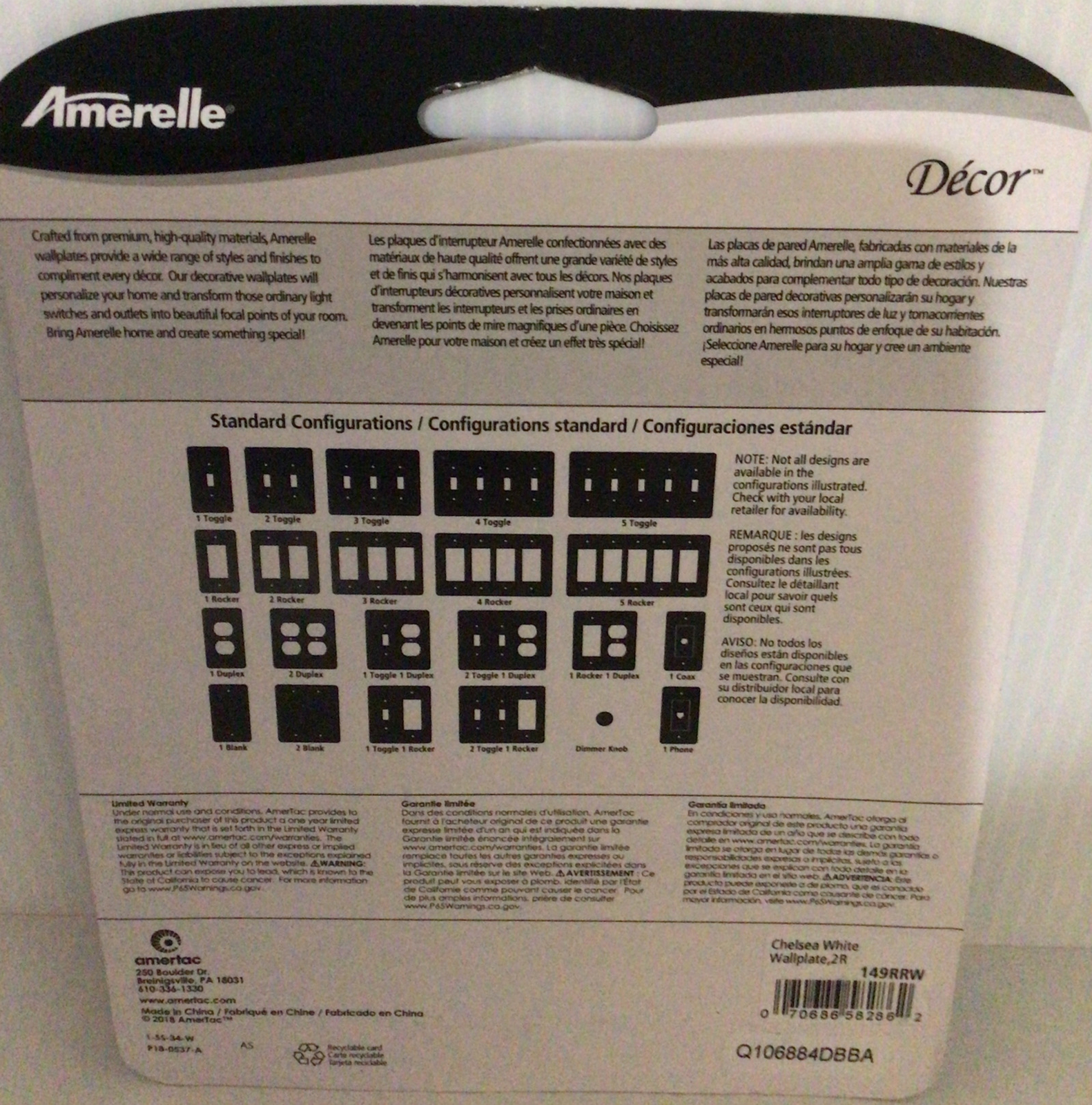 Amerelle 149RRW Chelsea White 2-Gang Stamped Steel Rocker Wall Plate