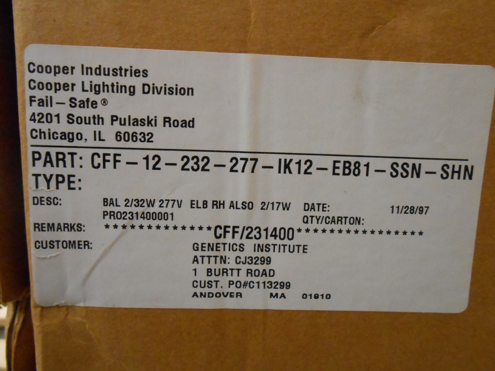 COOPER INDUSTRIES LIGHTING CFF-12-232-277-IK12-EB81-SSN-SHN CFF-12-4FT FAIL-SAFE