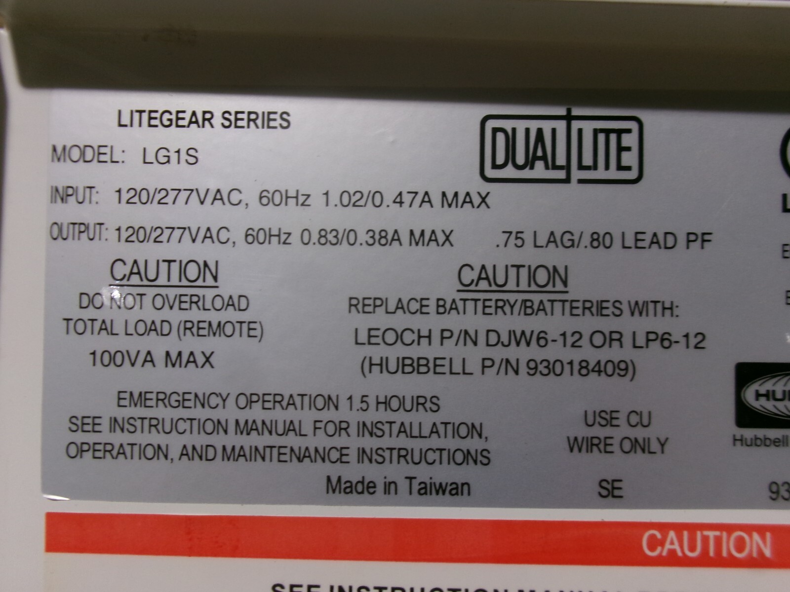Hubbell LG1S Litegear Series 120/277VAC 60Hz 1.02/0.47a Max w/ E119744
