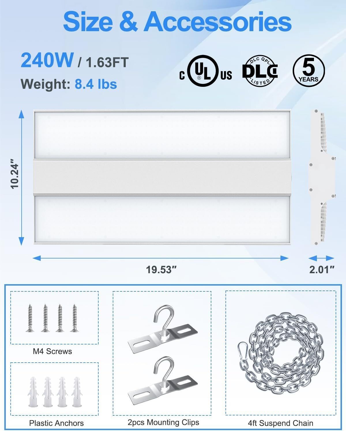 LED Linear High Bay 240W 5000K 100-277 VAC White 0-10V Dimmable 36000LM UL DLC