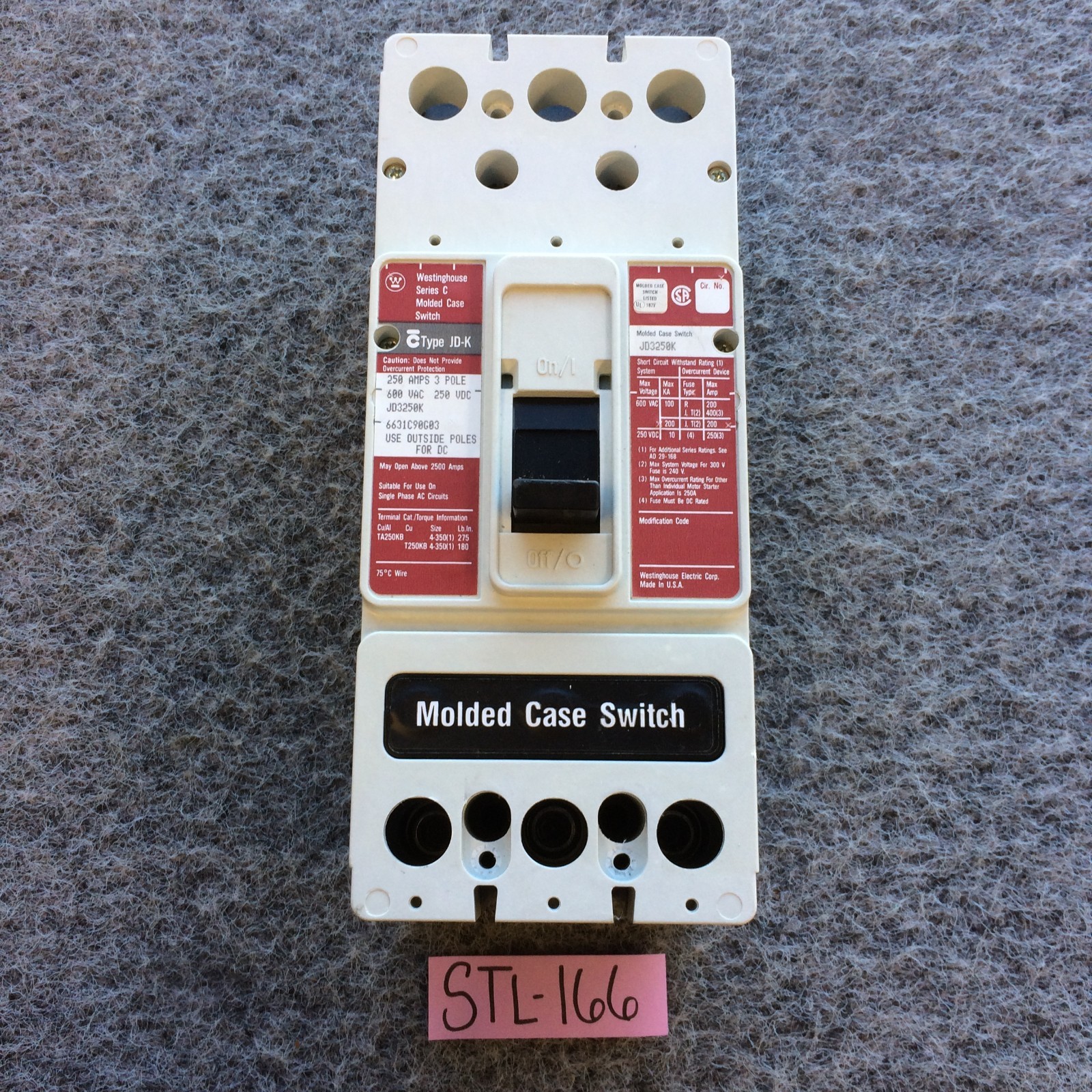 NEW TAKEOUT – Westinghouse JD3250K SER C 250 A 3P MOLDED CASE BREAKER SHIP FAST