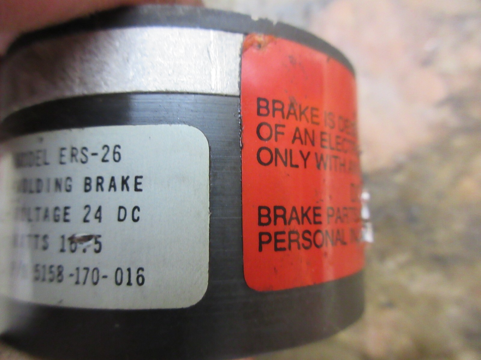 WARNER ELECTRIC ERS-26 HOLDING BRAKE 24VCD P/N 5158-170-016, 3/8” SHAFT ADAPTER