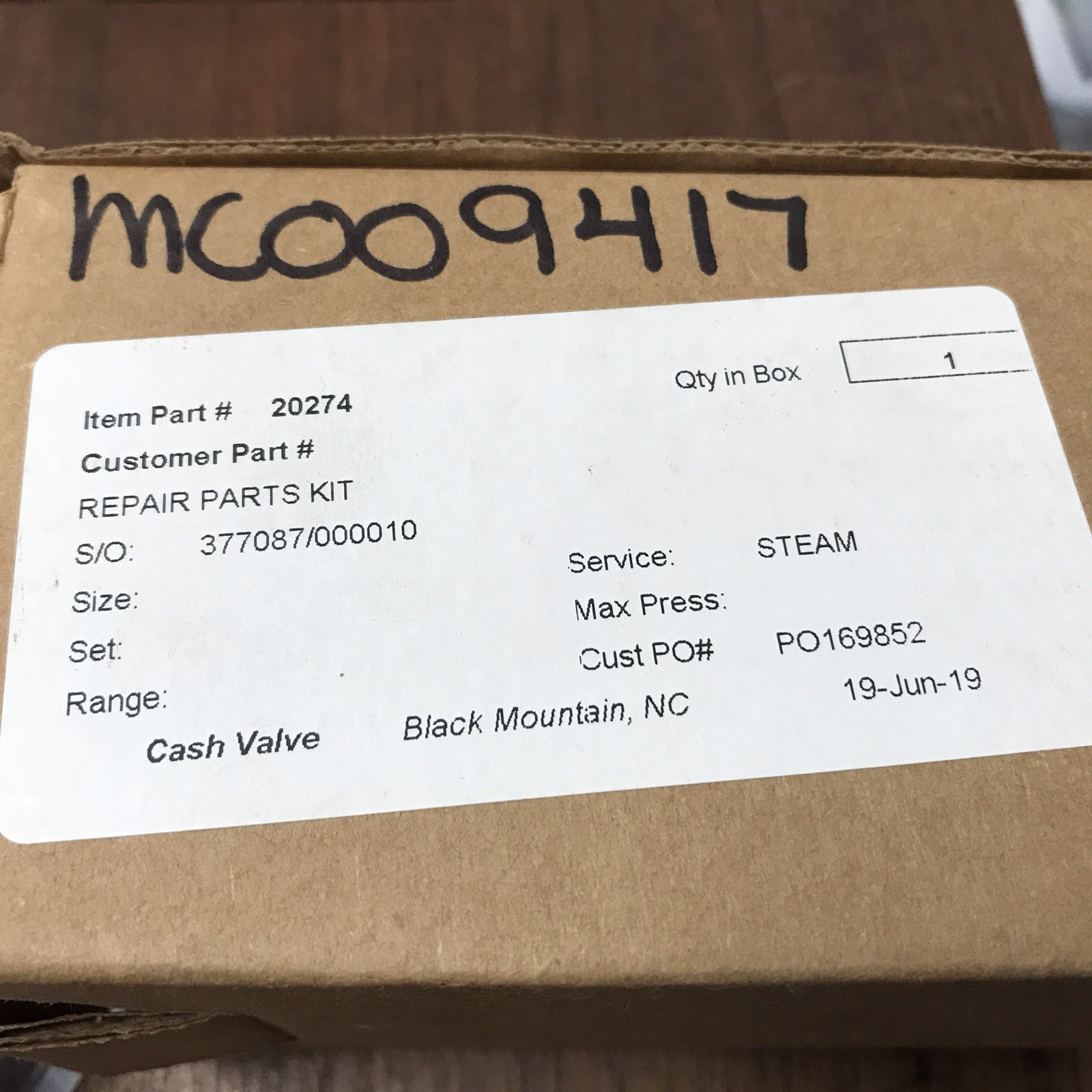 CASH VALVE 20274 Repair Parts Kit