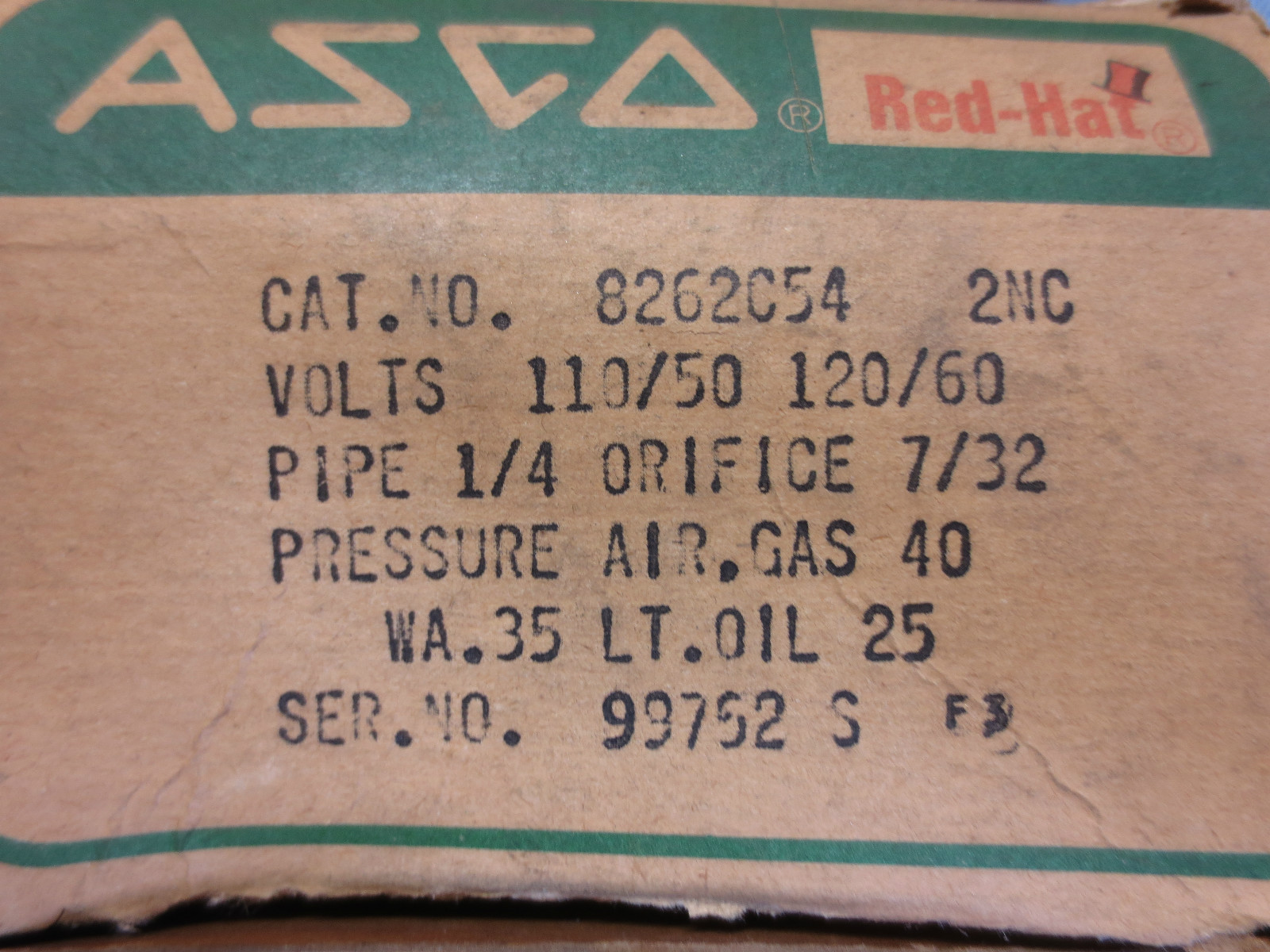 ASCO 8262C54 RED-HAT VALVE 120/60 110/50 1/4″ PIPE 6W 25-40psi – NEW SURPLUS