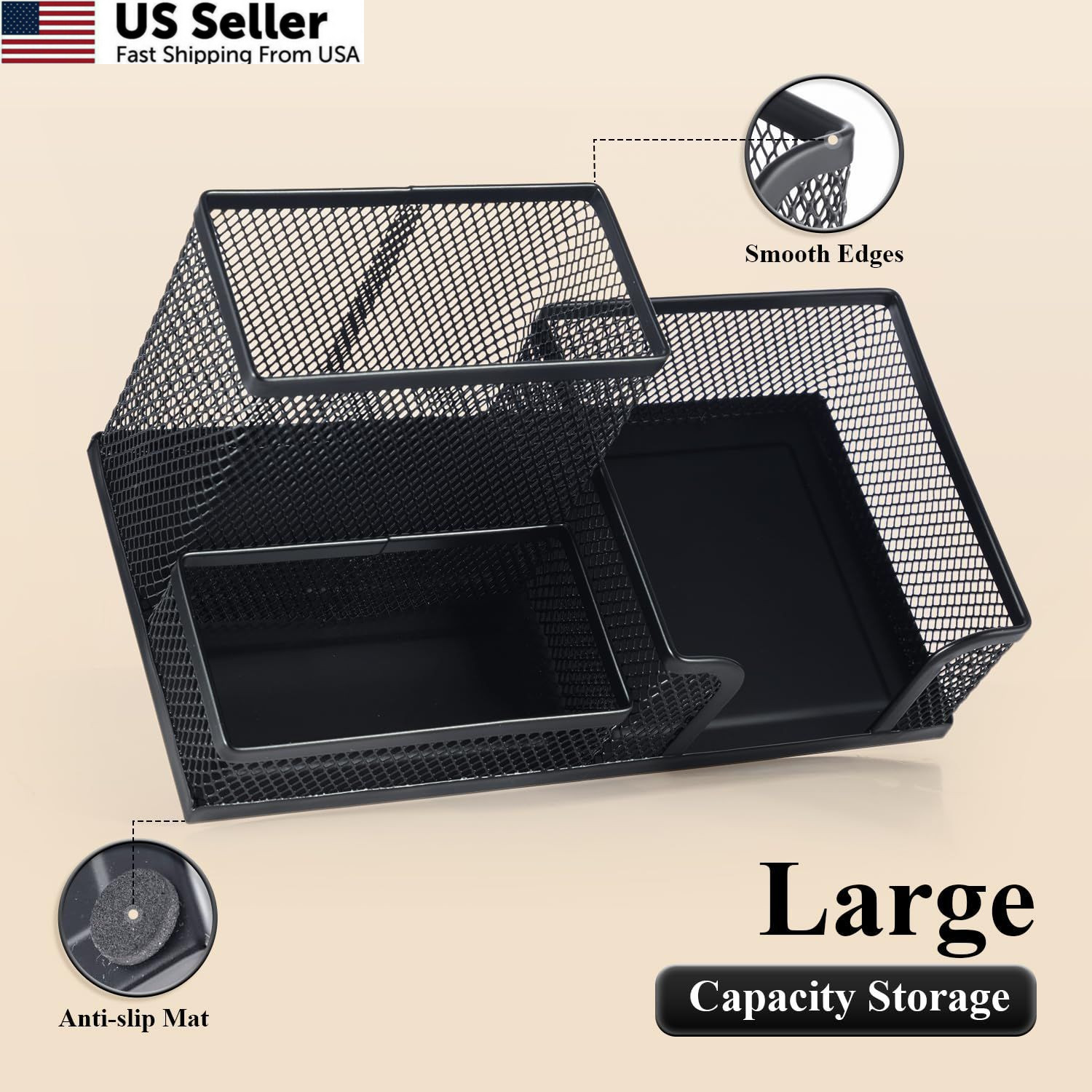3-Compartment Mesh Pen Holder Desk Organizer Metal Pencil Cup Sticky Note Black